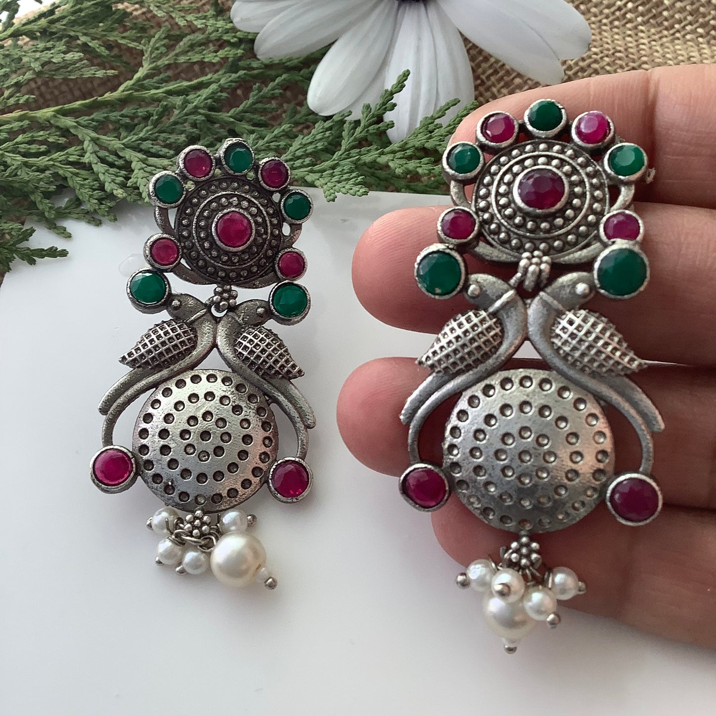 Salvanity Fashion Jewellery German Silver Do Pakshi Earrings