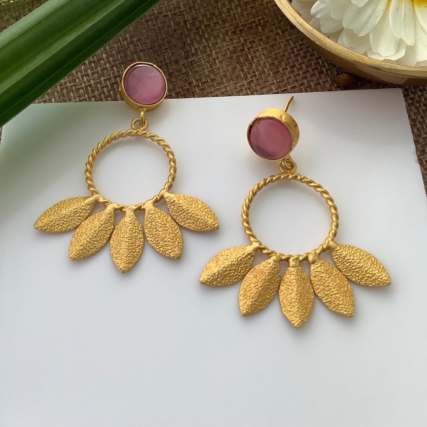 Salvanity Gold Brass Fashion Jewellery - Autumn Flower Earrings - Monalisa Pink