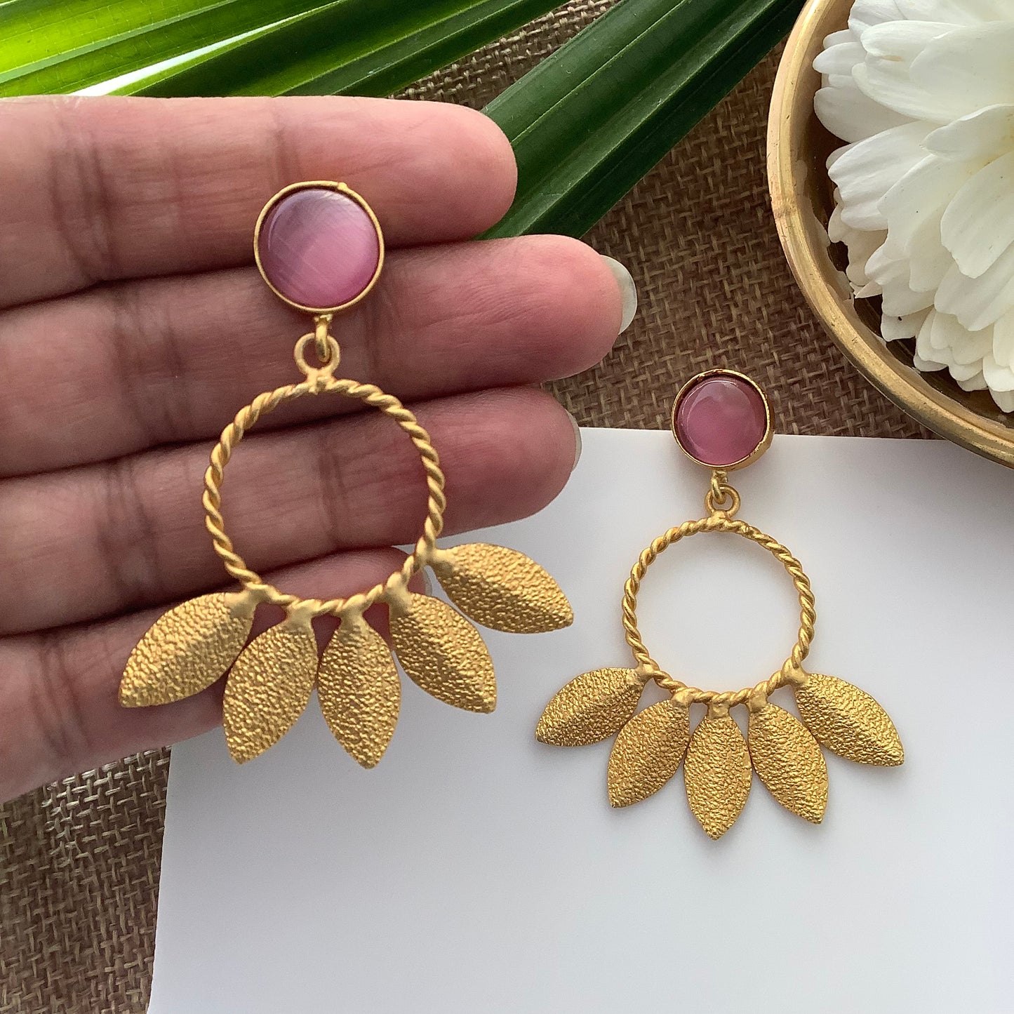 Salvanity Gold Brass Fashion Jewellery - Autumn Flower Earrings - Monalisa Pink