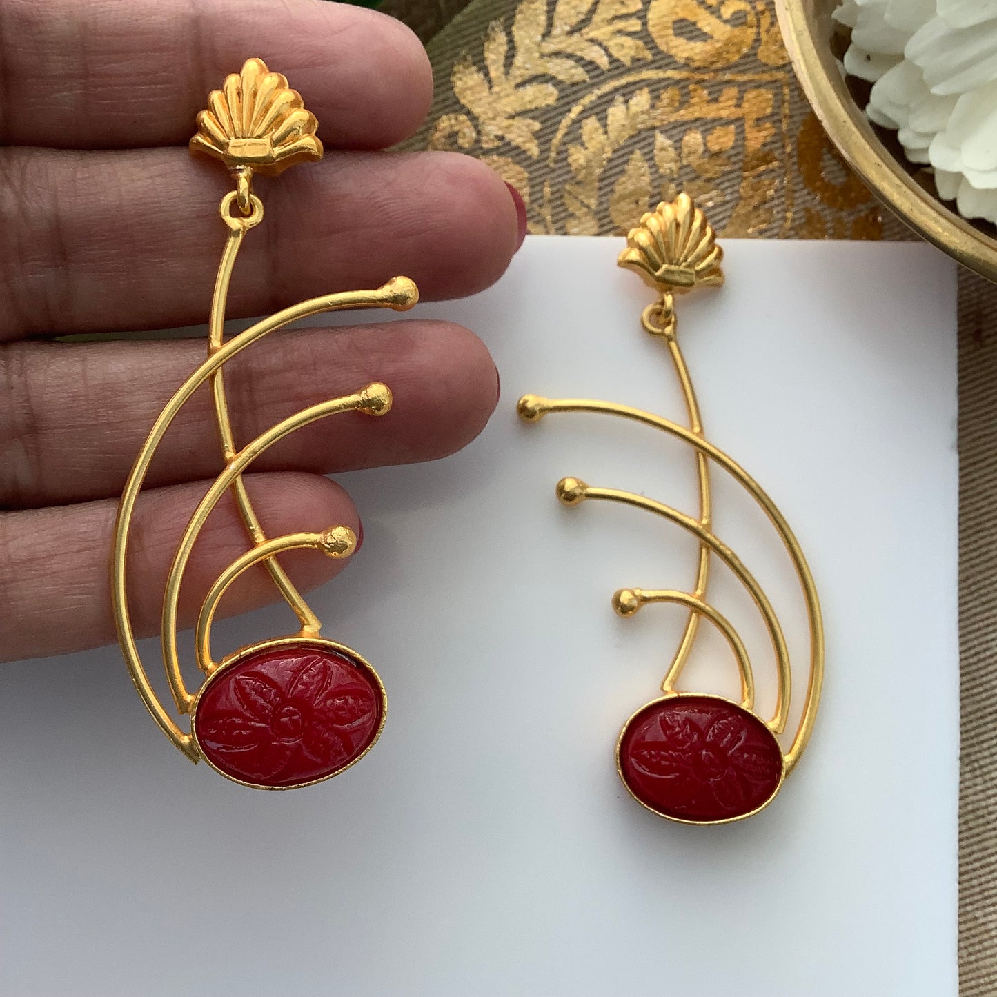 Salvanity Brass Gold Fashion Jewellery - Los Angeles Fireworks Earrings- Red