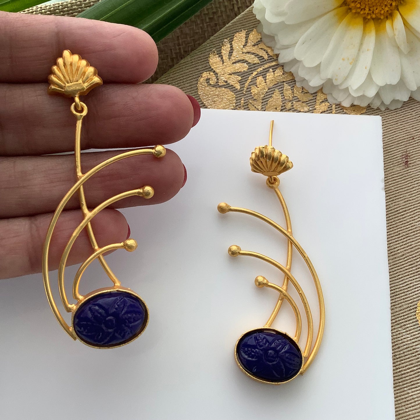 Salvanity Brass Gold Fashion Jewellery - Los Angeles Fireworks Earrings- Blue