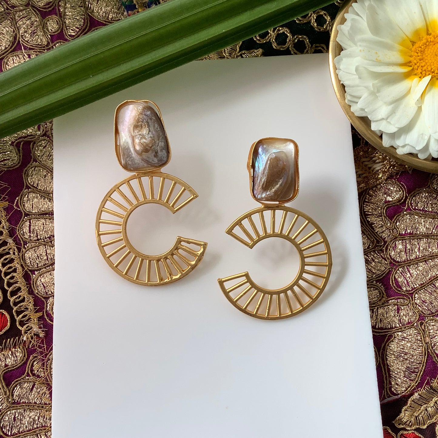 Salvanity Brass Gold Fashion Jewellery - Chanel Inspired Baroque Mother of Pearl Earrings