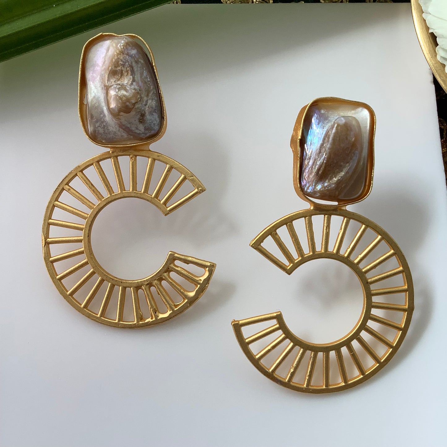 Salvanity Brass Gold Fashion Jewellery - Chanel Inspired Baroque Mother of Pearl Earrings