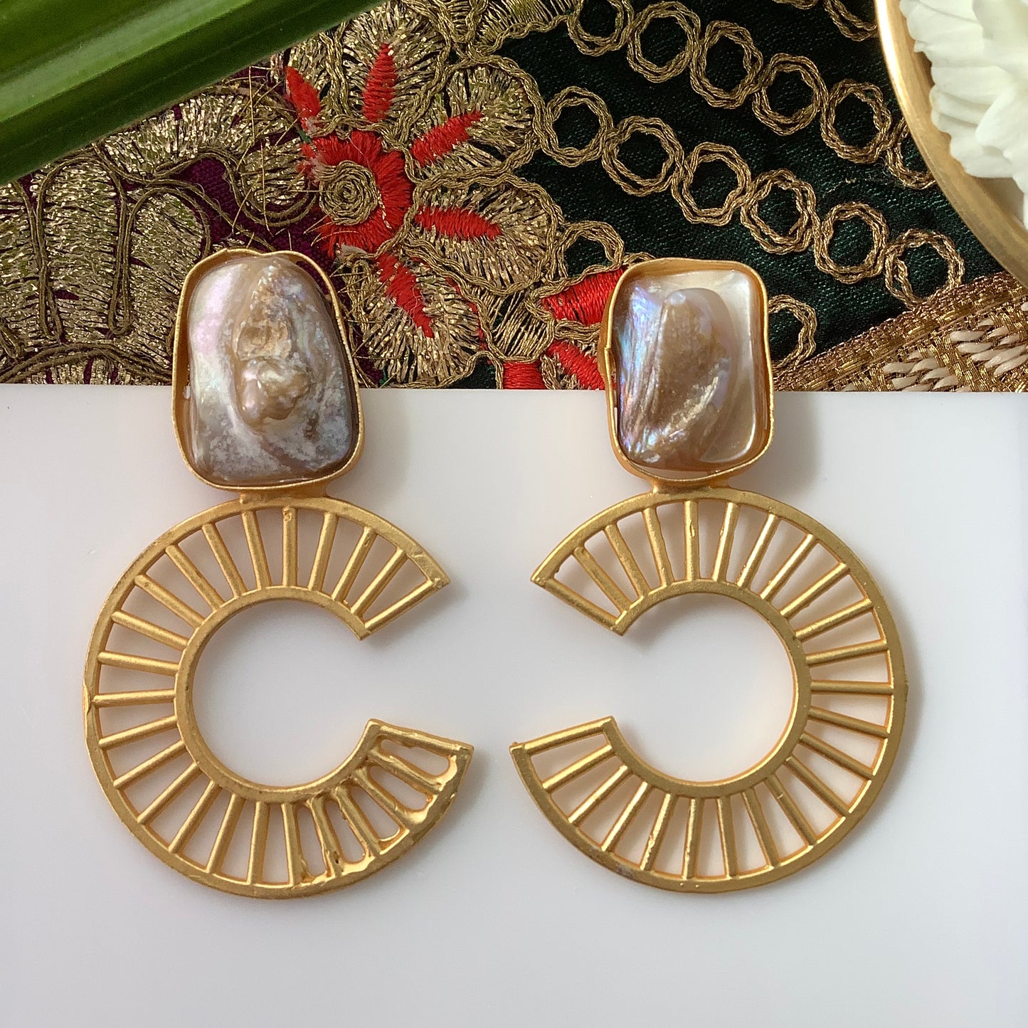 Salvanity Brass Gold Fashion Jewellery - Chanel Inspired Baroque Mother of Pearl Earrings