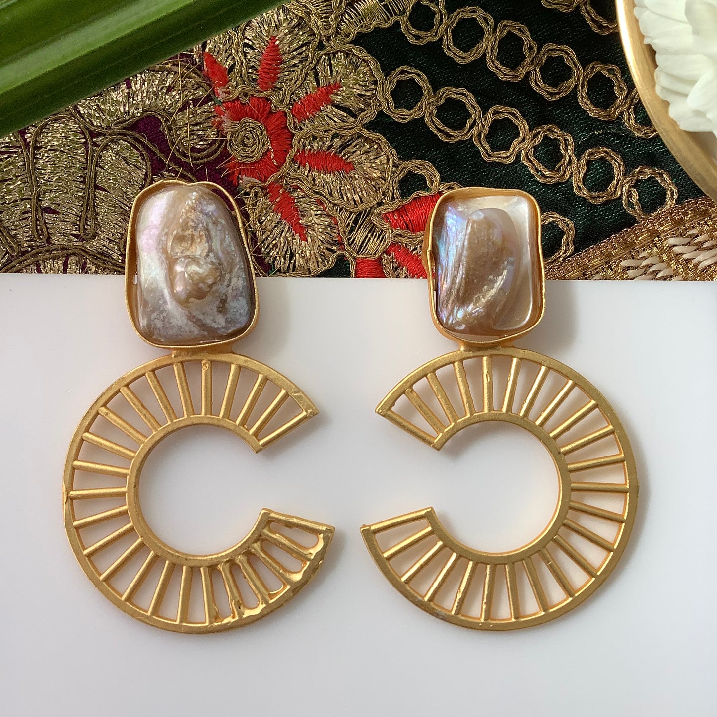 Salvanity Brass Gold Fashion Jewellery - Chanel Inspired Baroque Mother of Pearl Earrings