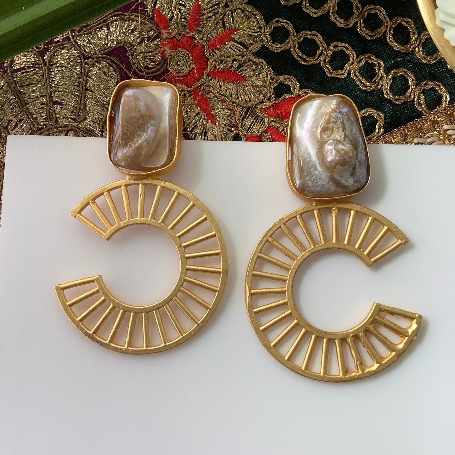 Salvanity Brass Gold Fashion Jewellery - Chanel Inspired Baroque Mother of Pearl Earrings