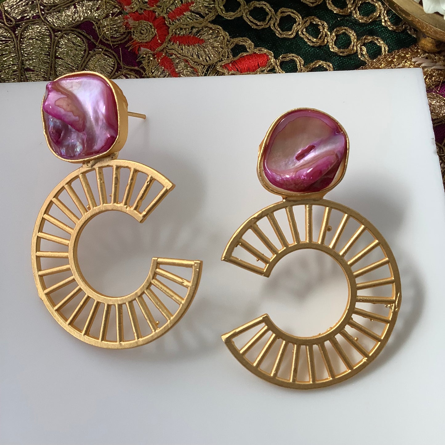 Salvanity Brass Gold - Chanel Inspired Baroque Mother of Pearl Earrings - Unique Pink