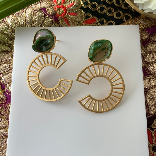 Salvanity Brass Gold - Chanel Inspired Baroque Mother of Pearl Earrings - Green