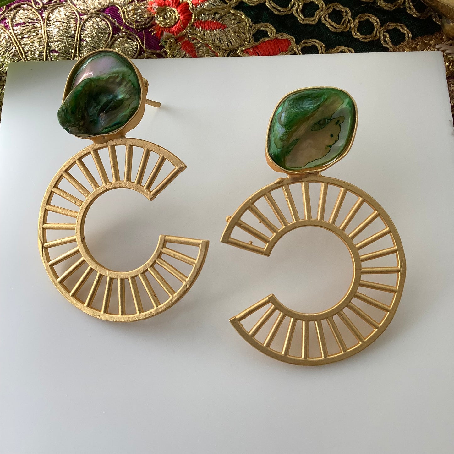 Salvanity Brass Gold - Chanel Inspired Baroque Mother of Pearl Earrings - Green