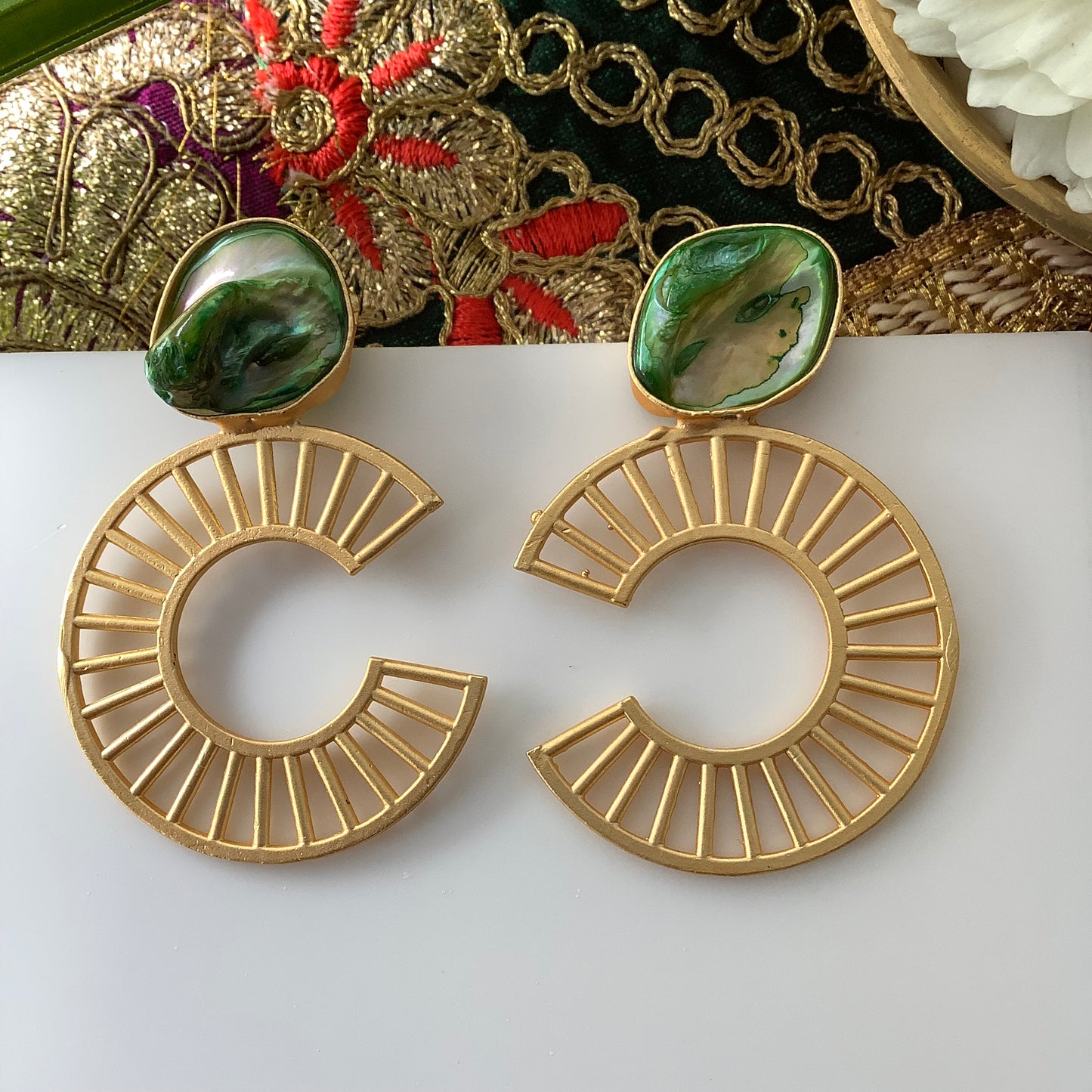 Salvanity Brass Gold - Chanel Inspired Baroque Mother of Pearl Earrings - Green