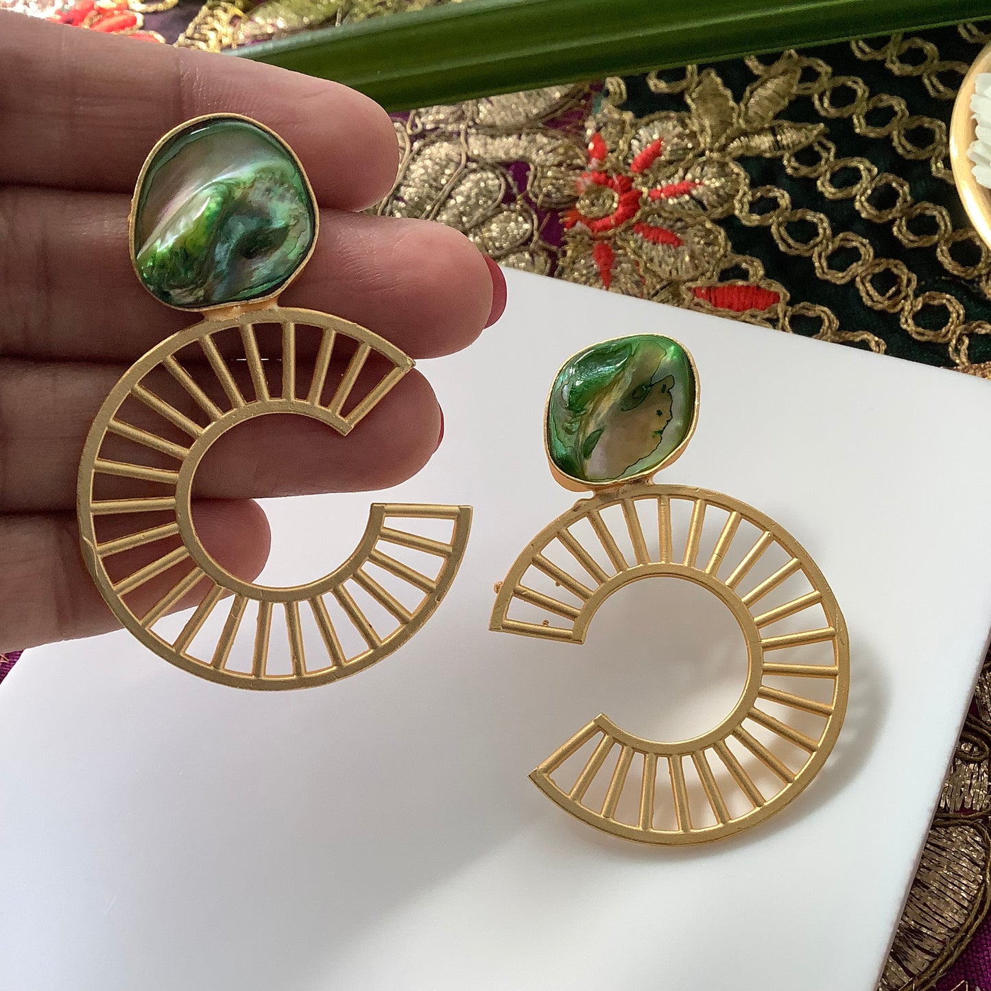 Salvanity Brass Gold - Chanel Inspired Baroque Mother of Pearl Earrings - Green