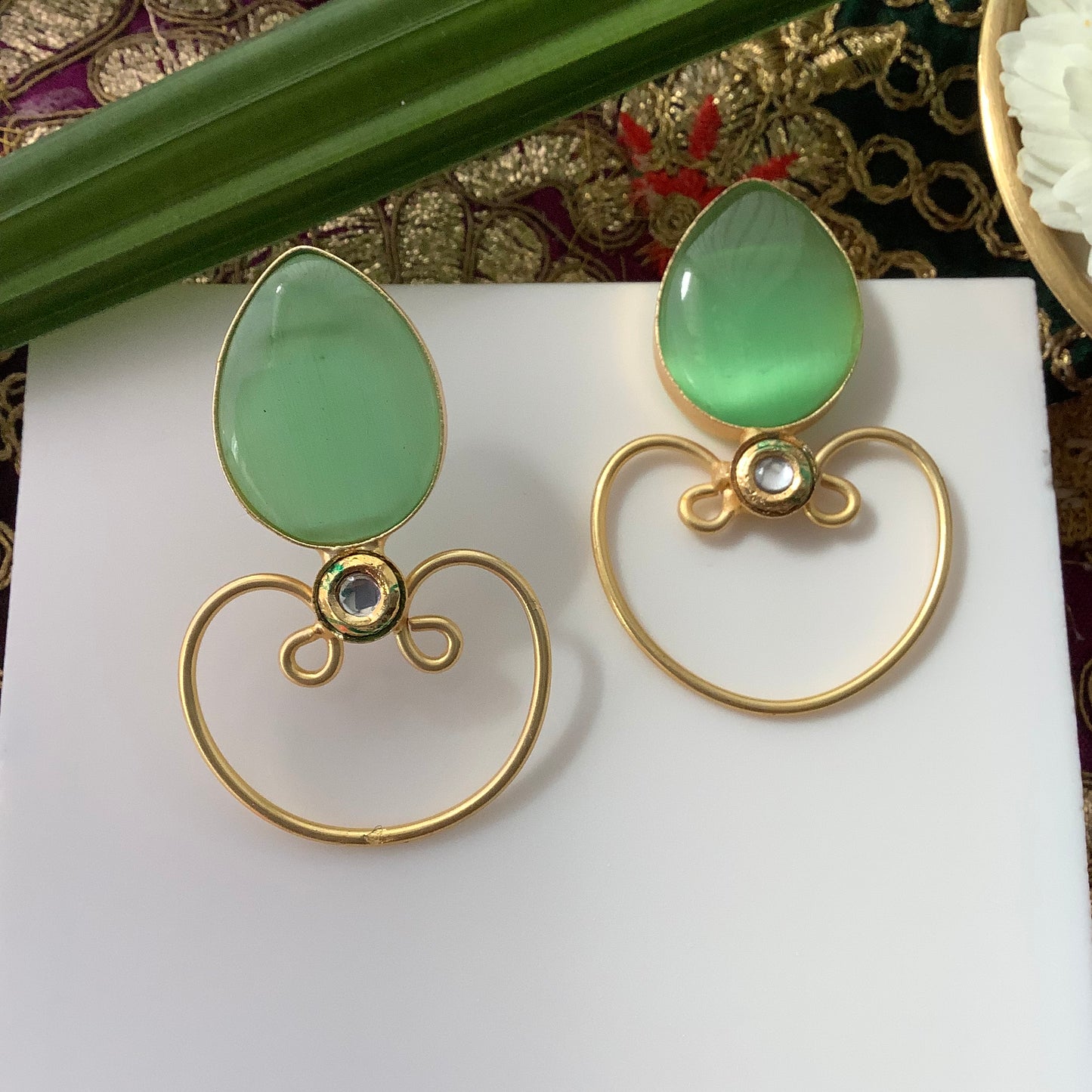 Salvanity Brass Gold - Diya Earrings - Kundan Green