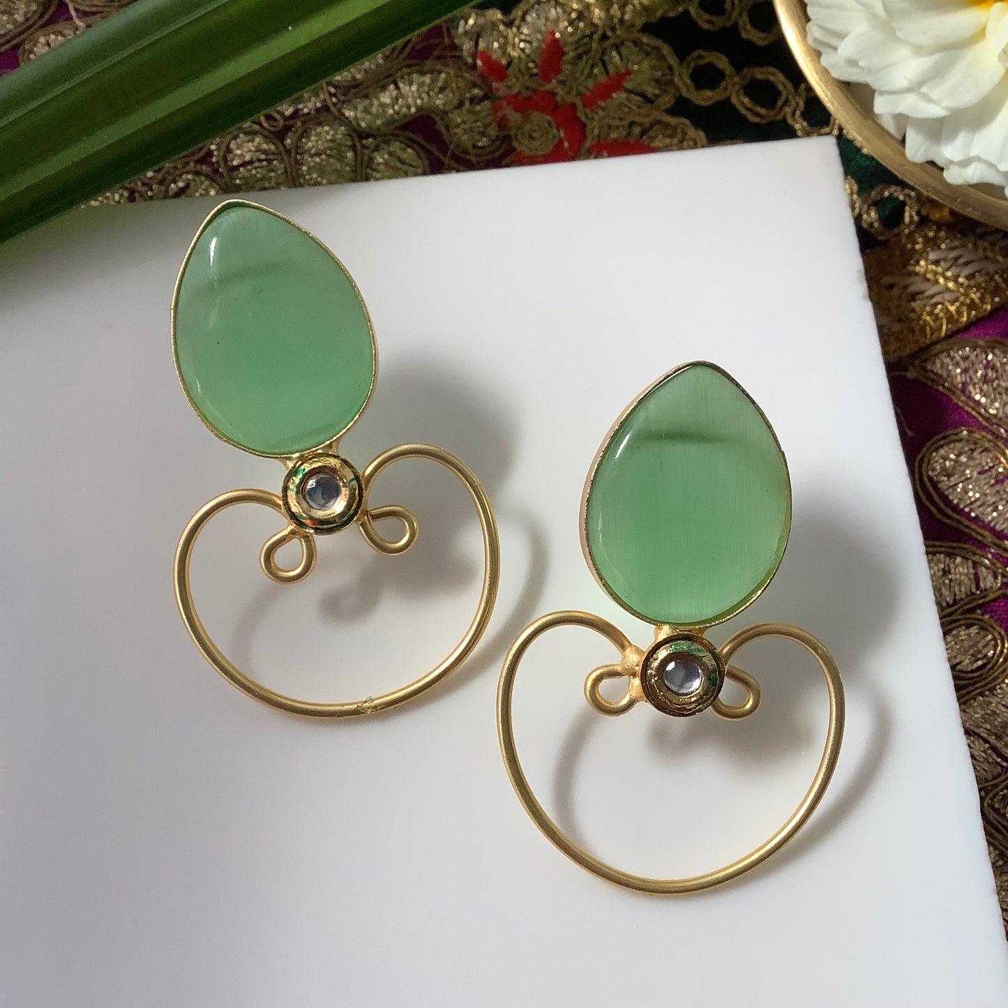 Salvanity Brass Gold - Diya Earrings - Kundan Green