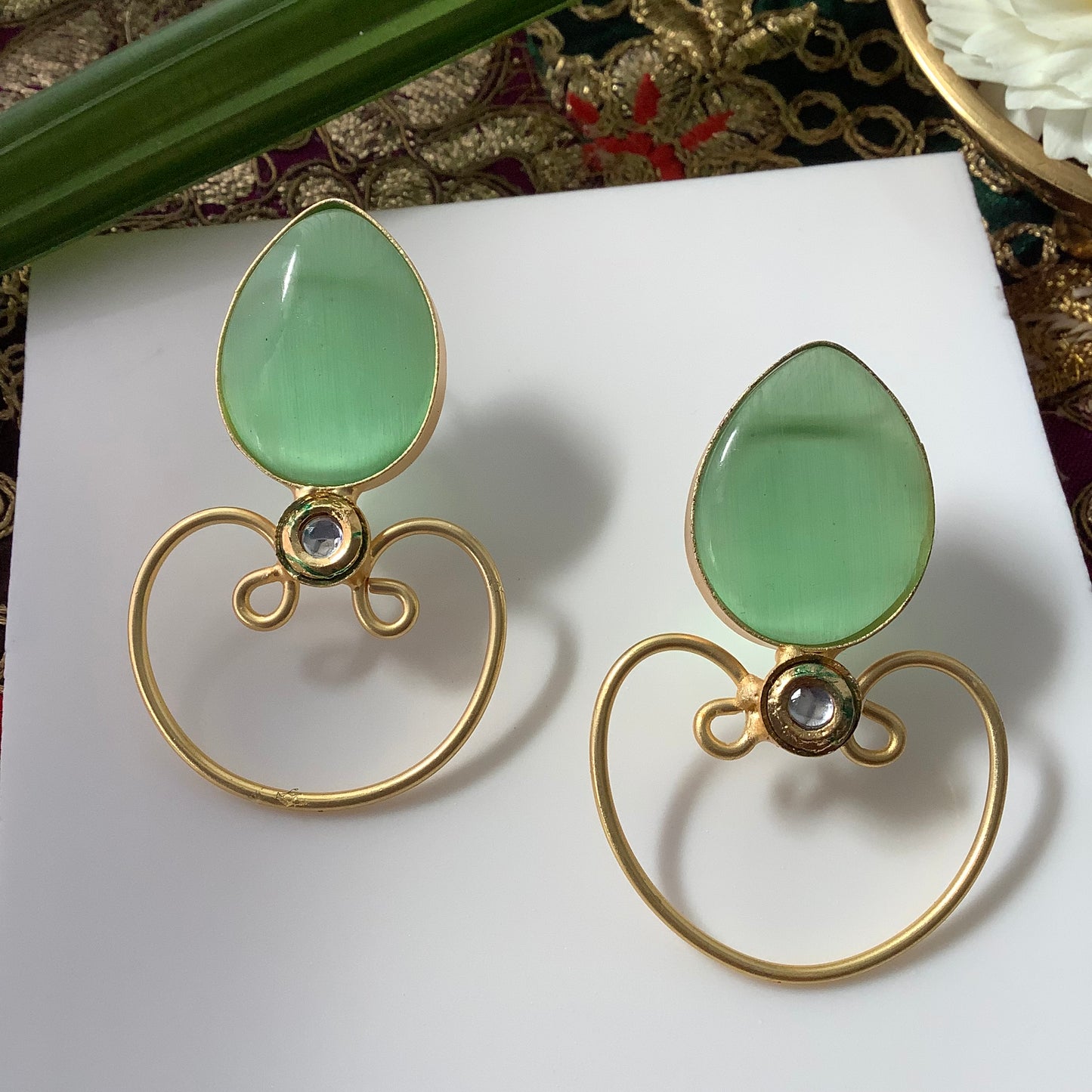 Salvanity Brass Gold - Diya Earrings - Kundan Green