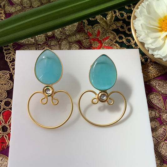 Salvanity Brass Gold - Diya Earrings - Kundan Aqua Blue