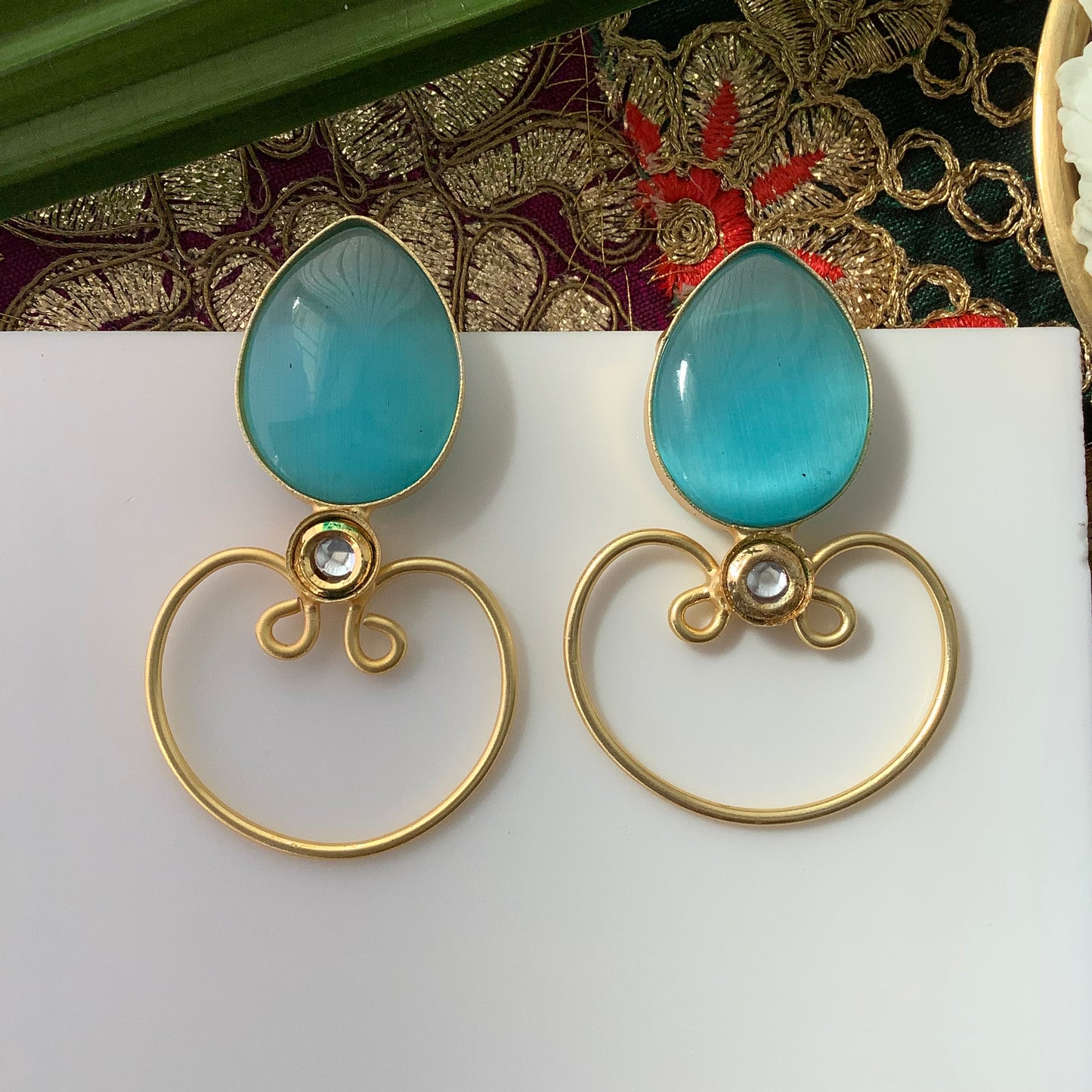 Salvanity Brass Gold - Diya Earrings - Kundan Aqua Blue