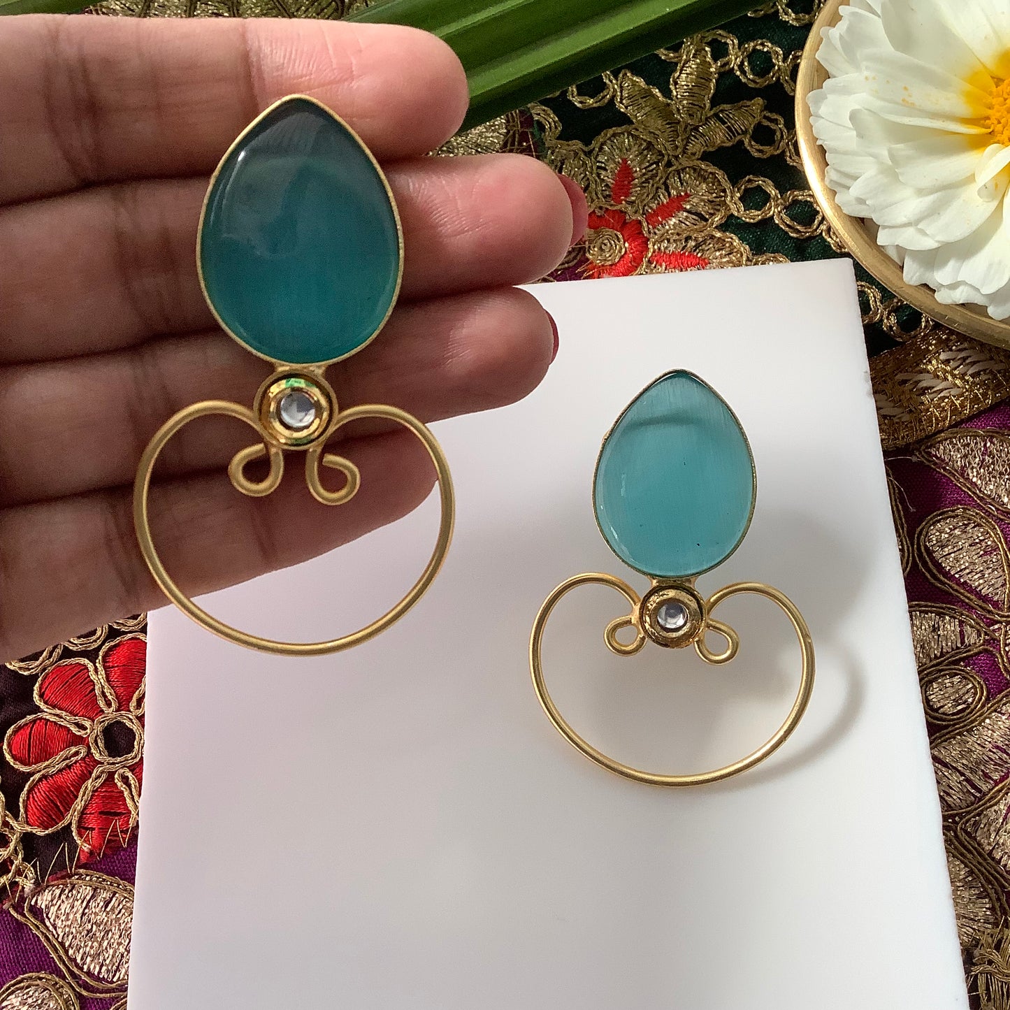 Salvanity Brass Gold - Diya Earrings - Kundan Aqua Blue