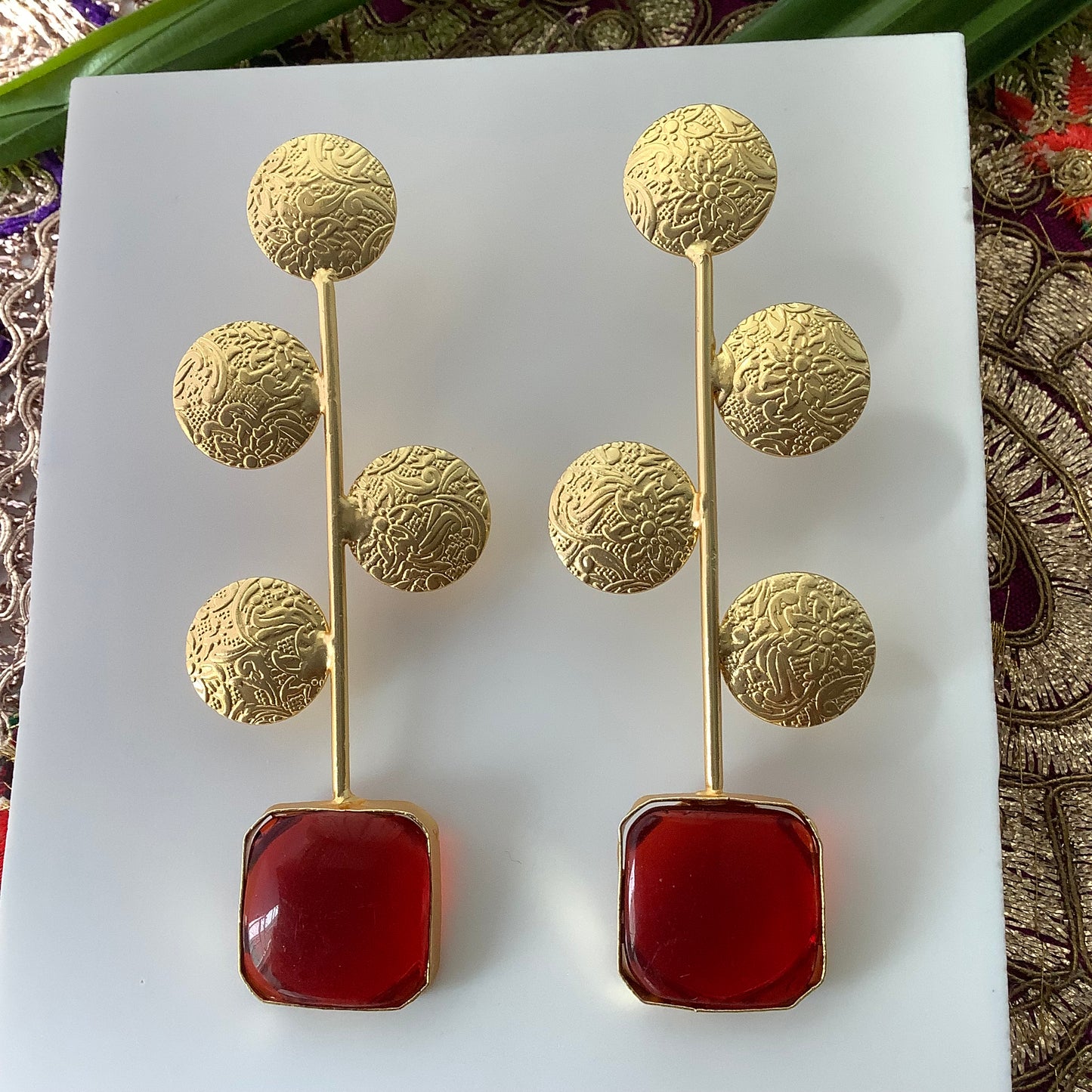 Salvanity Brass Gold - Tarudhan Earrings - Red