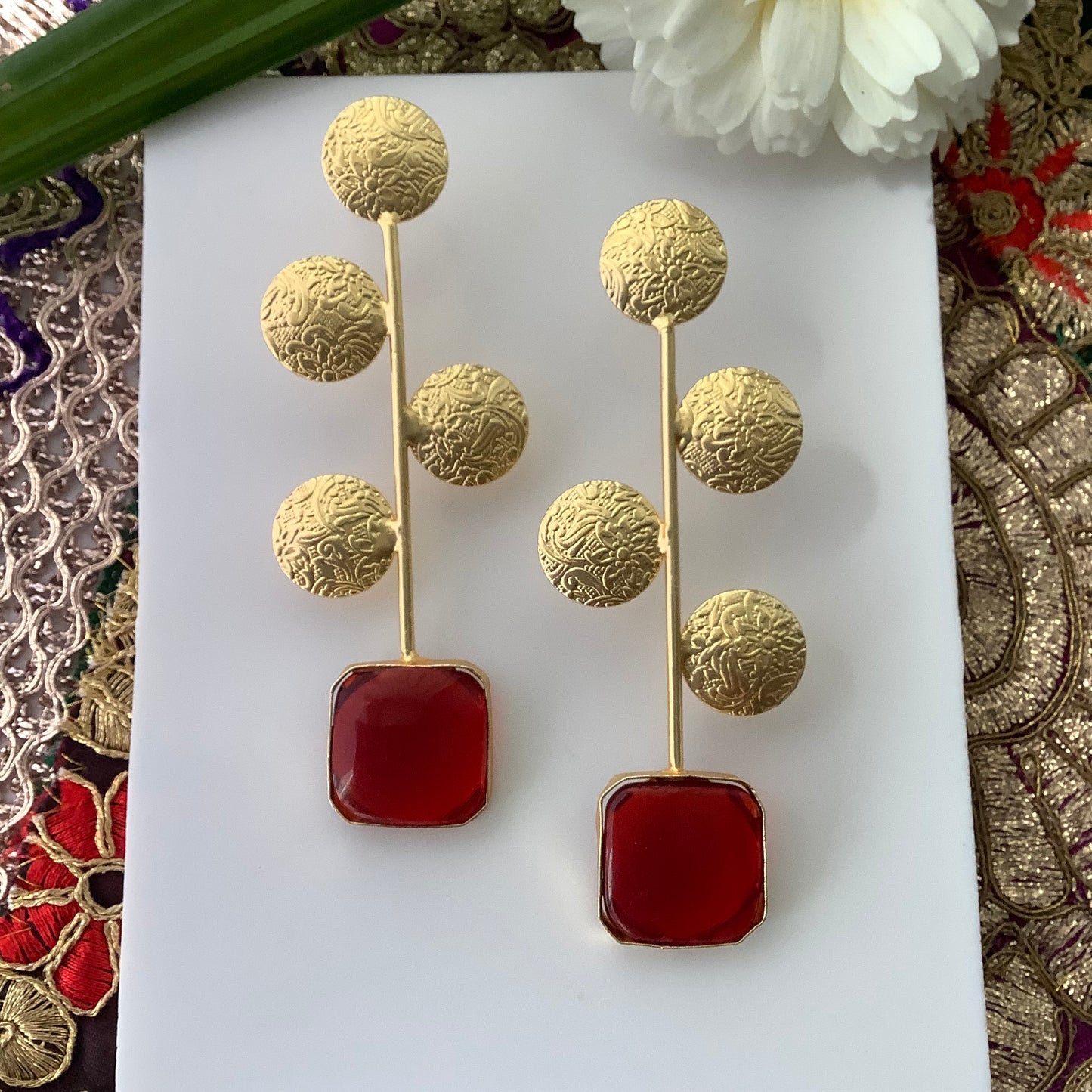 Salvanity Brass Gold - Tarudhan Earrings - Red