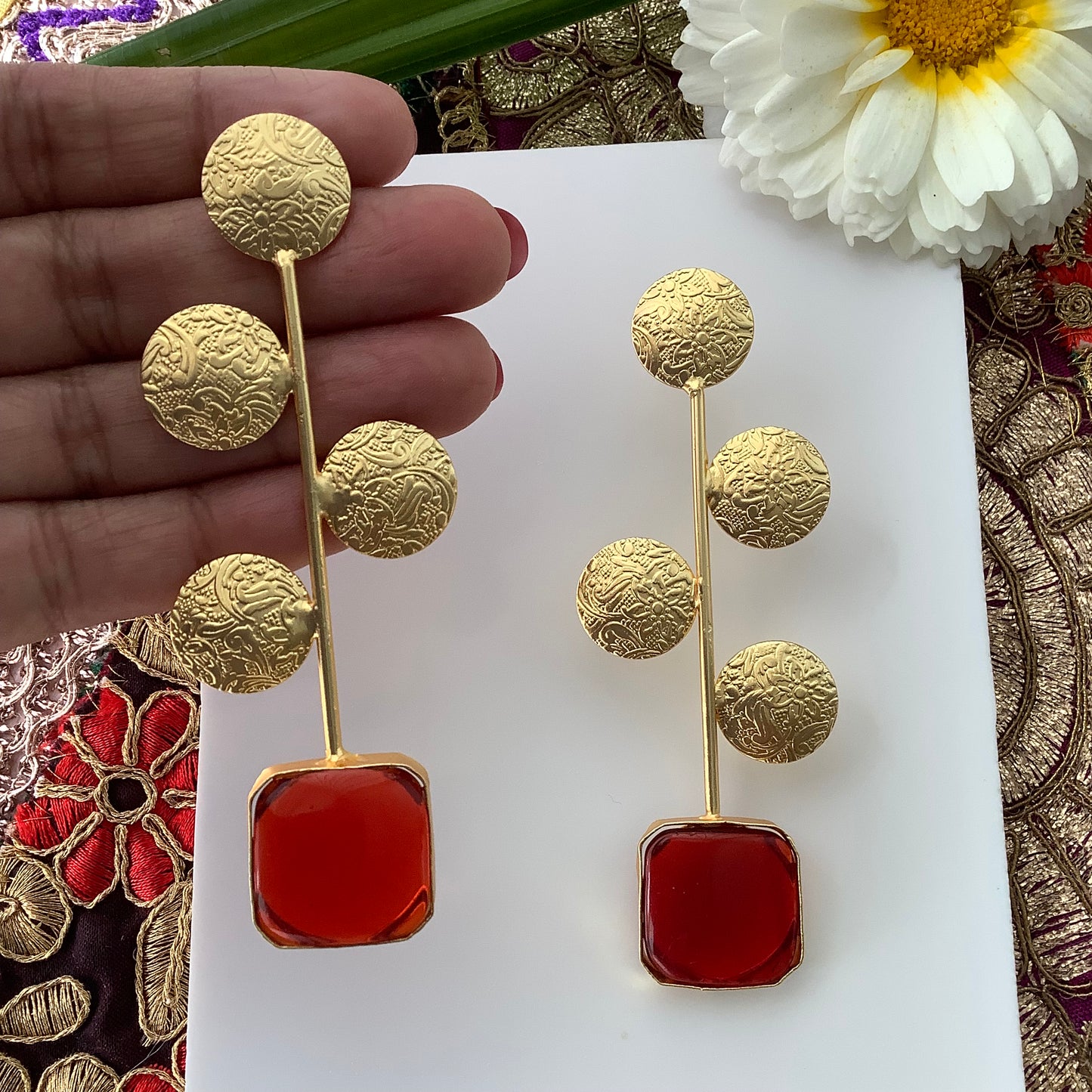 Salvanity Brass Gold - Tarudhan Earrings - Red