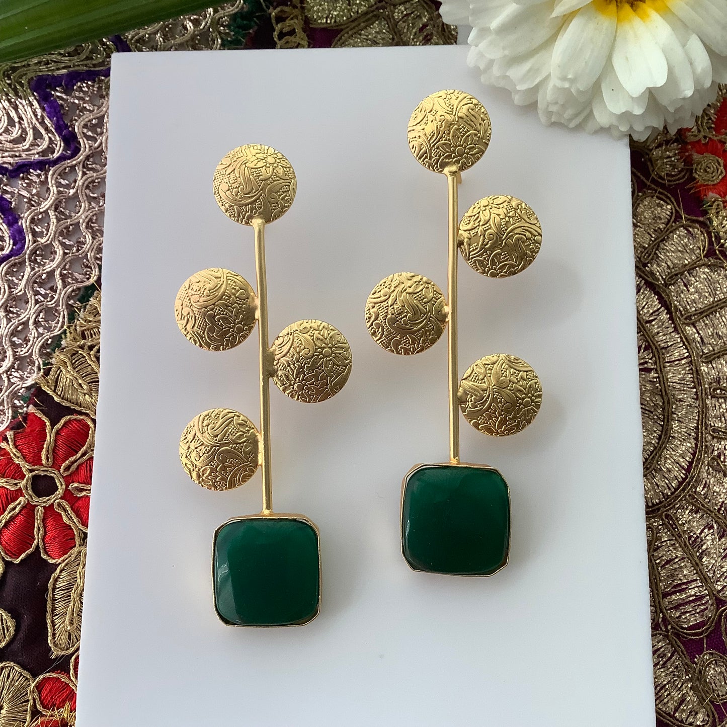 Salvanity Brass Gold - Tarudhan Earrings - Green