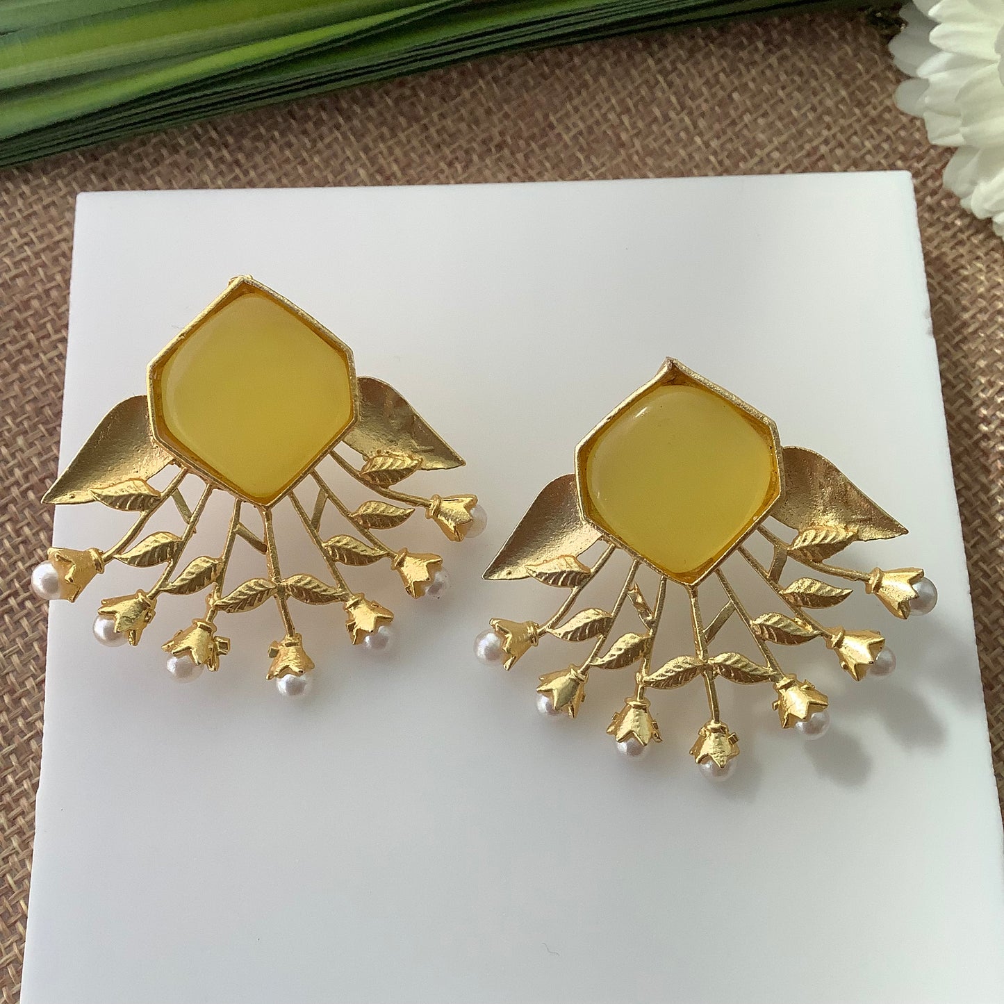 Salvanity Brass Gold - Gagan Wings Pearl 18 CT Matt Gold Plated Earrings - Sunkissed Yellow