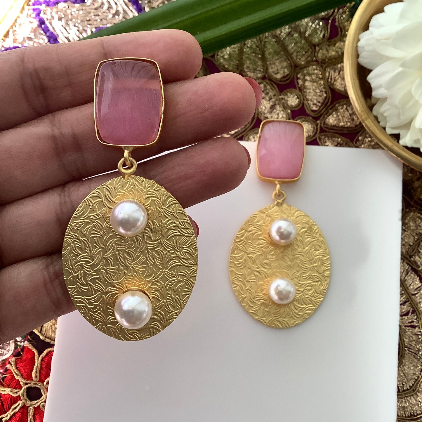 Salvanity Brass Gold - Two Pearls (दो मोती) 18 CT Matt Gold Plated Earrings - Pink