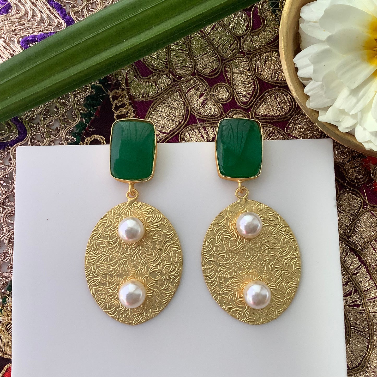 Salvanity Brass Gold - Two Pearls (दो मोती) 18 CT Matt Gold Plated Earrings - Green