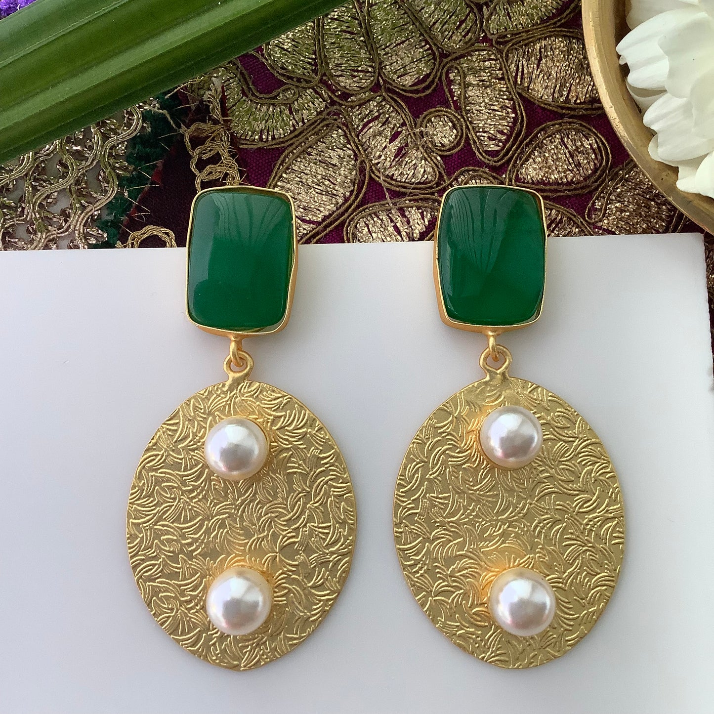 Salvanity Brass Gold - Two Pearls (दो मोती) 18 CT Matt Gold Plated Earrings - Green