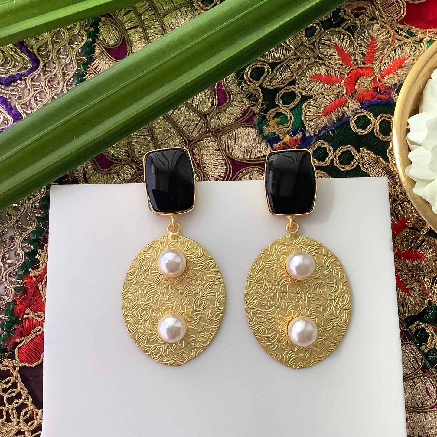 Salvanity Brass Gold - Two Pearls (दो मोती) 18 CT Matt Gold Plated Earrings - Black