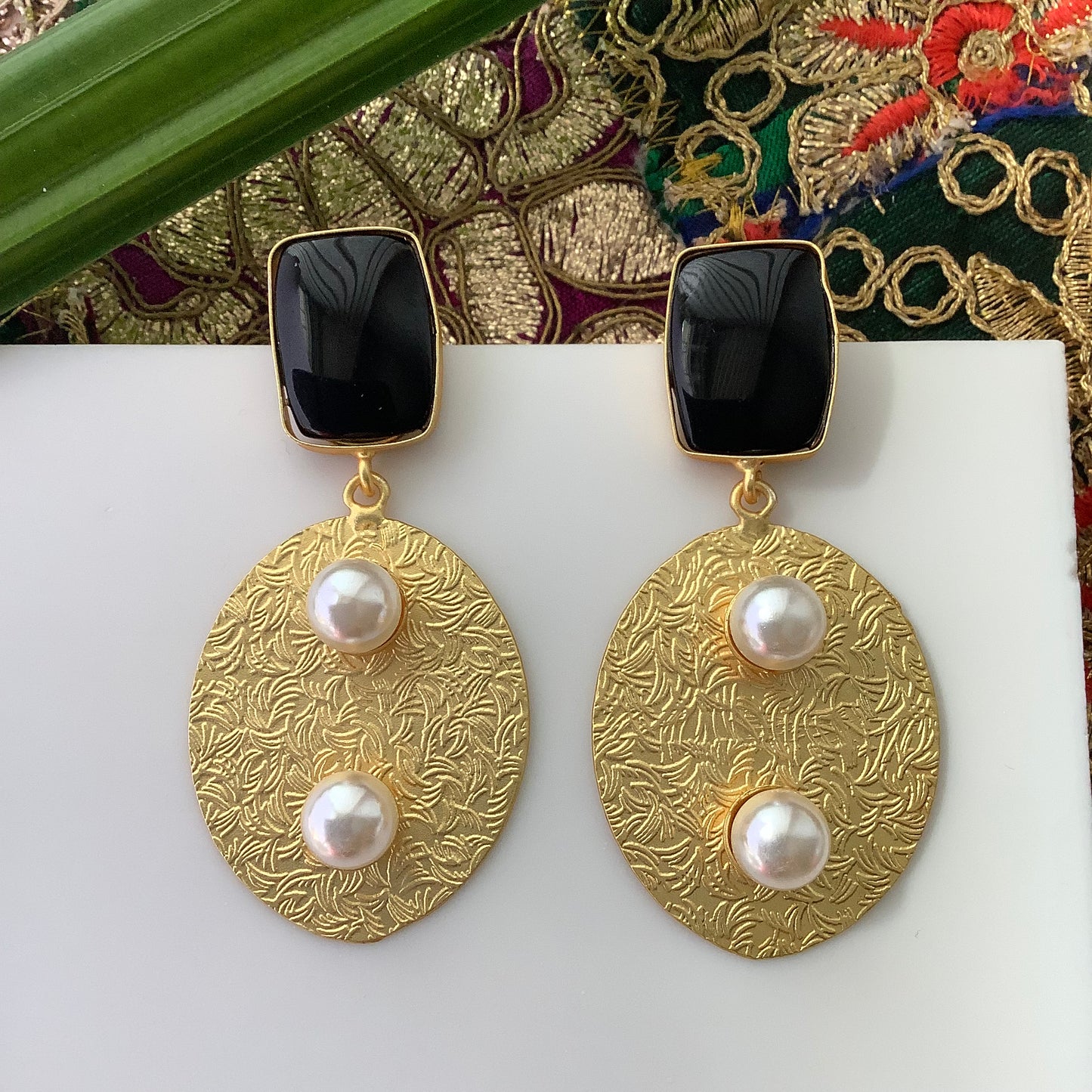 Salvanity Brass Gold - Two Pearls (दो मोती) 18 CT Matt Gold Plated Earrings - Black