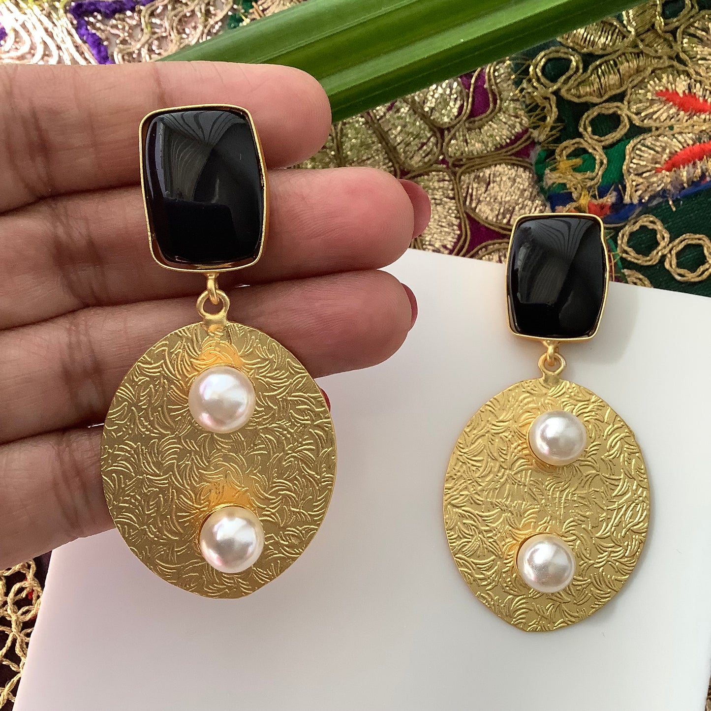 Salvanity Brass Gold - Two Pearls (दो मोती) 18 CT Matt Gold Plated Earrings - Black