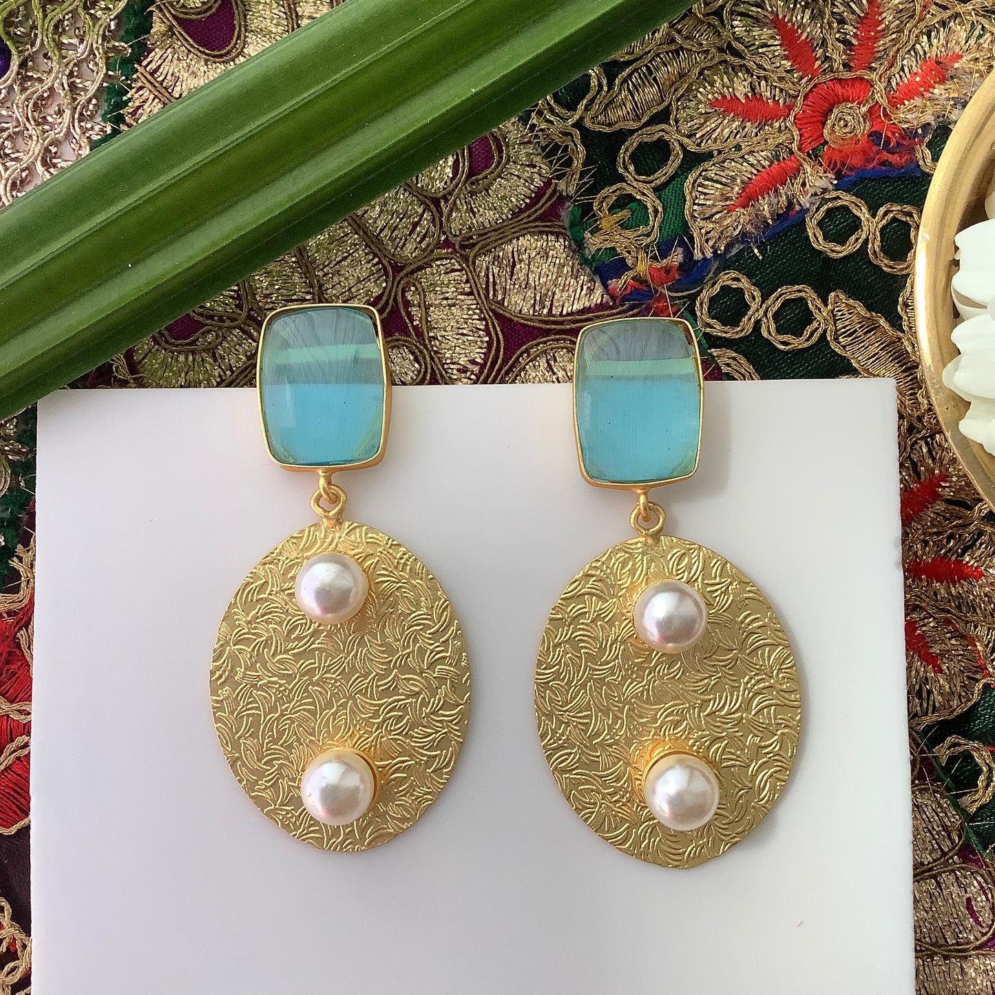 Salvanity Brass Gold - Two Pearls (दो मोती) 18 CT Matt Gold Plated Earrings - Aqua Blue