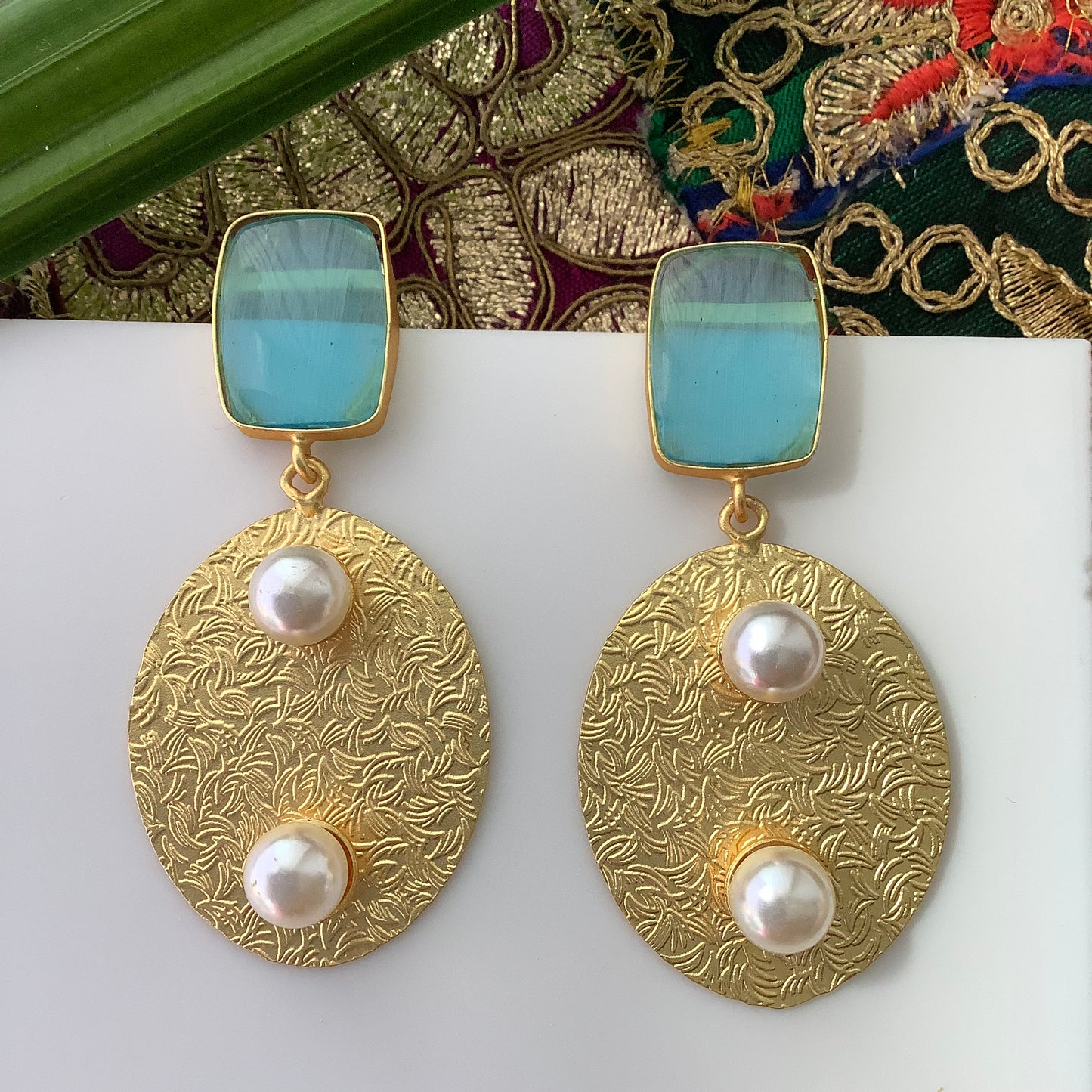 Salvanity Brass Gold - Two Pearls (दो मोती) 18 CT Matt Gold Plated Earrings - Aqua Blue