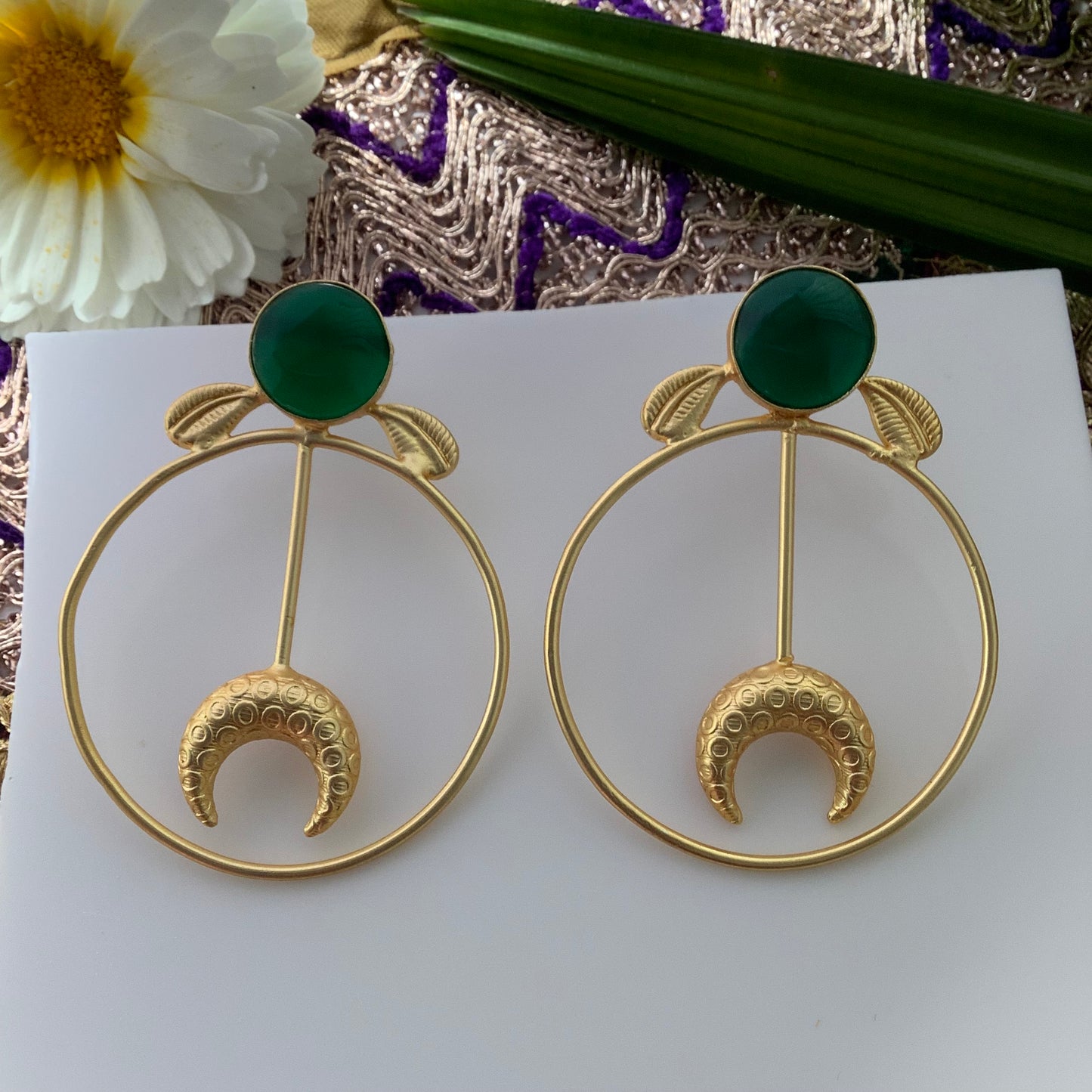 Salvanity Brass Gold -  अंगजा (Little Girl) 18 CT Matt Gold Plated Earrings - Green