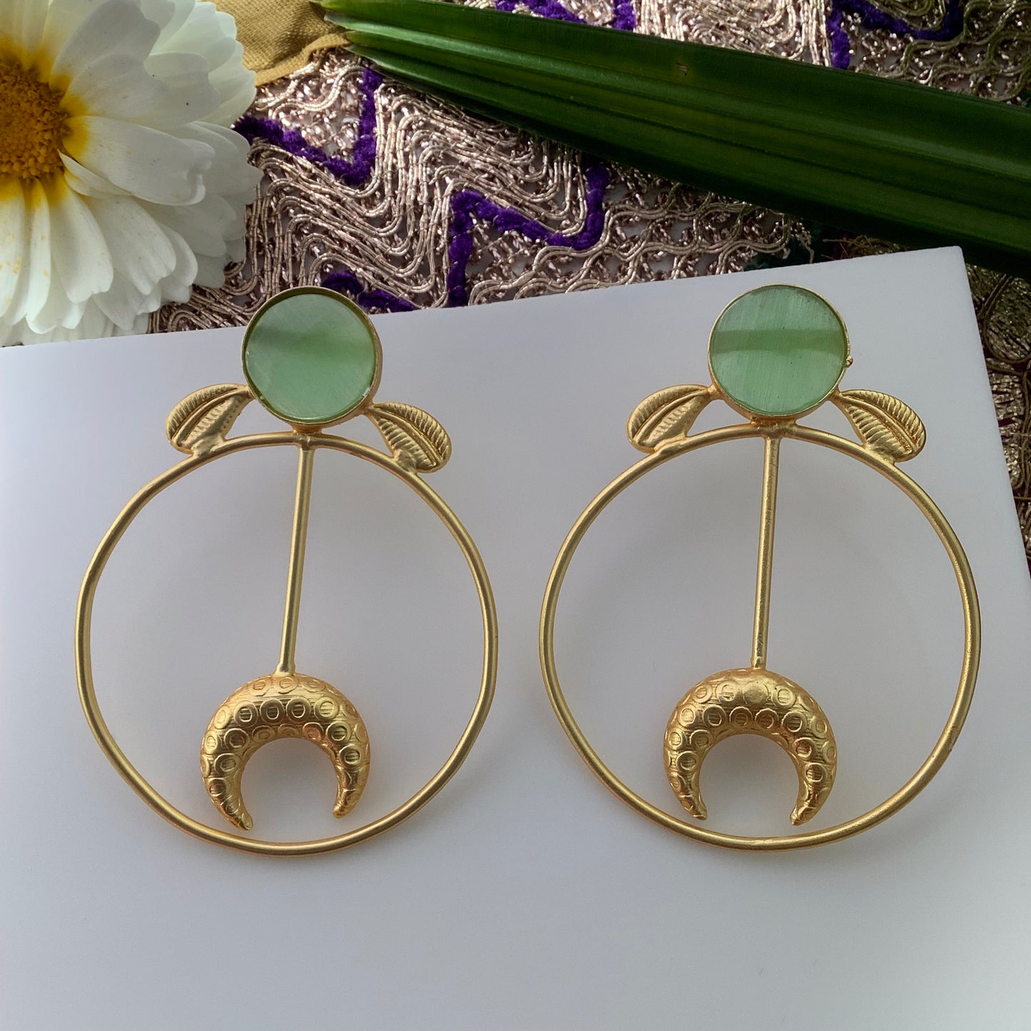 Salvanity Brass Gold -  अंगजा (Little Girl) 18 CT Matt Gold Plated Earrings - Mint Green