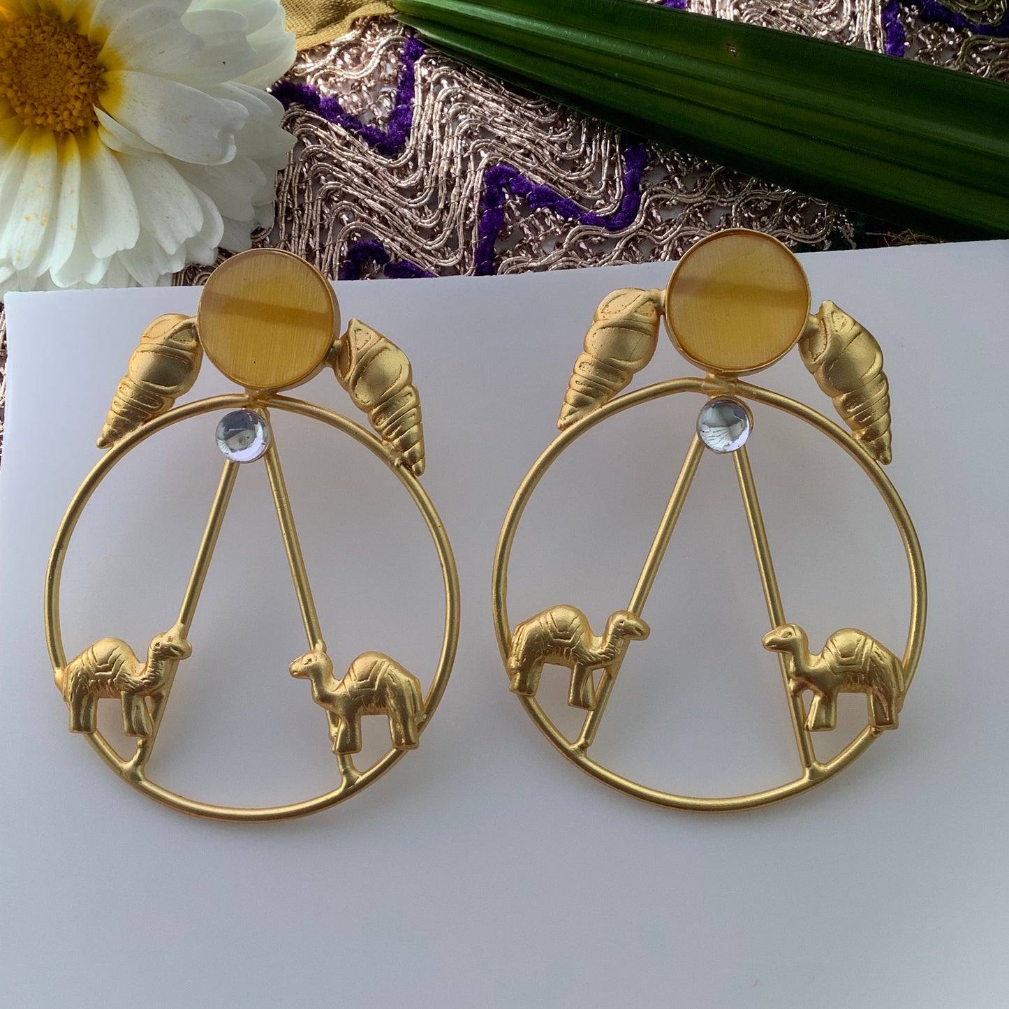 Salvanity Brass Gold -  Gold Camels 18 CT Matt Gold Plated Earrings - Desert Yellow