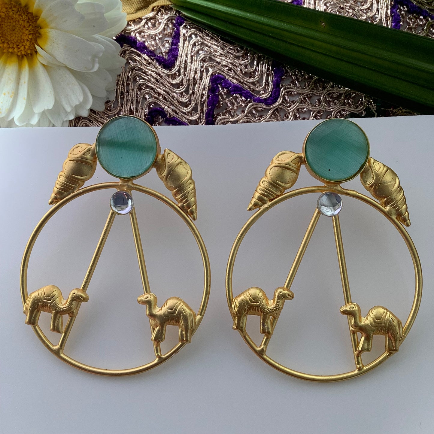 Salvanity Brass Gold -  Gold Camels 18 CT Matt Gold Plated Earrings - Aqua Blue