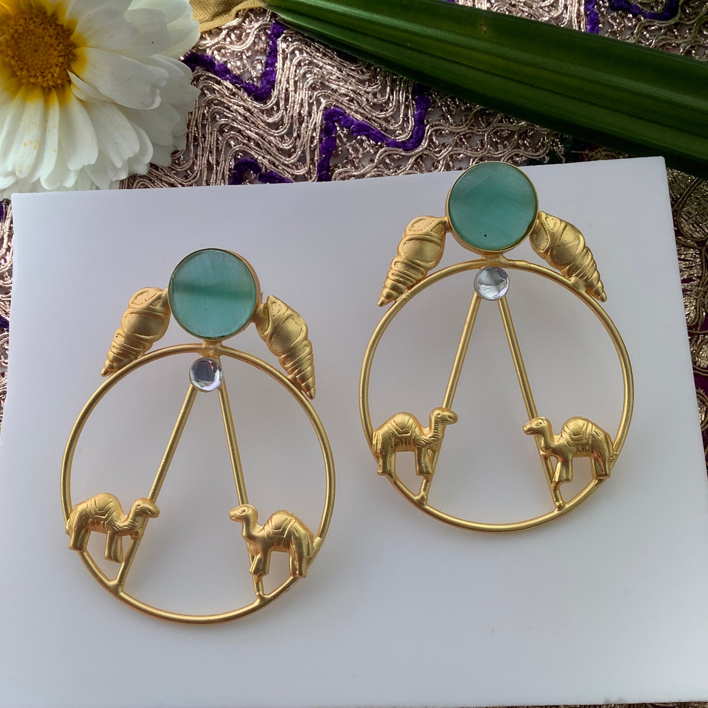 Salvanity Brass Gold -  Gold Camels 18 CT Matt Gold Plated Earrings - Aqua Blue