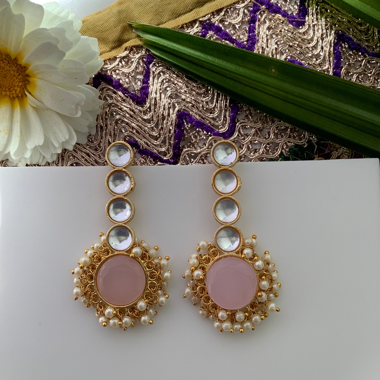 Salvanity Brass Gold -  Saumya (सौम्य) 18 CT Matt Gold Plated Earrings - Pink