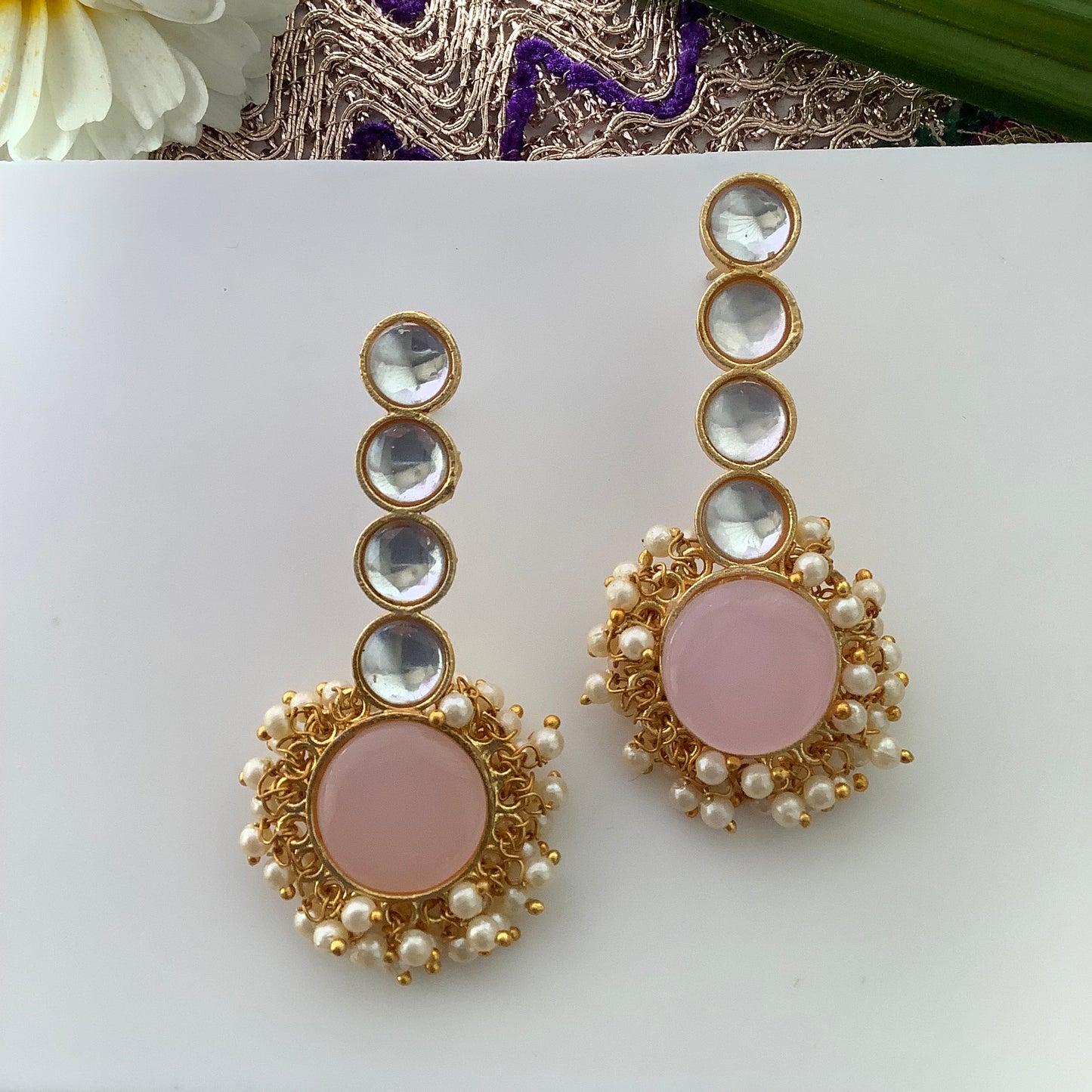 Salvanity Brass Gold -  Saumya (सौम्य) 18 CT Matt Gold Plated Earrings - Pink