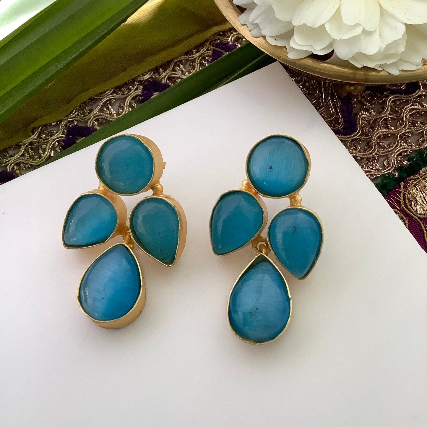 Salvanity 18 CT Gold Plated Brass Earrings - Pakshi (The Bird) Blue Sky