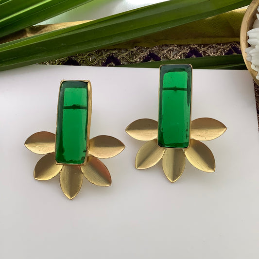 Salvanity Brass Gold 18 CT plated Earrings - वृक्ष (The Tree) Green