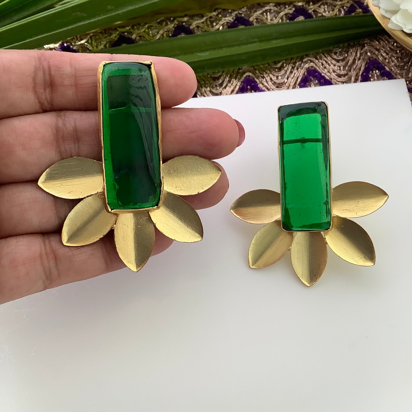 Salvanity Brass Gold 18 CT plated Earrings - वृक्ष (The Tree) Green