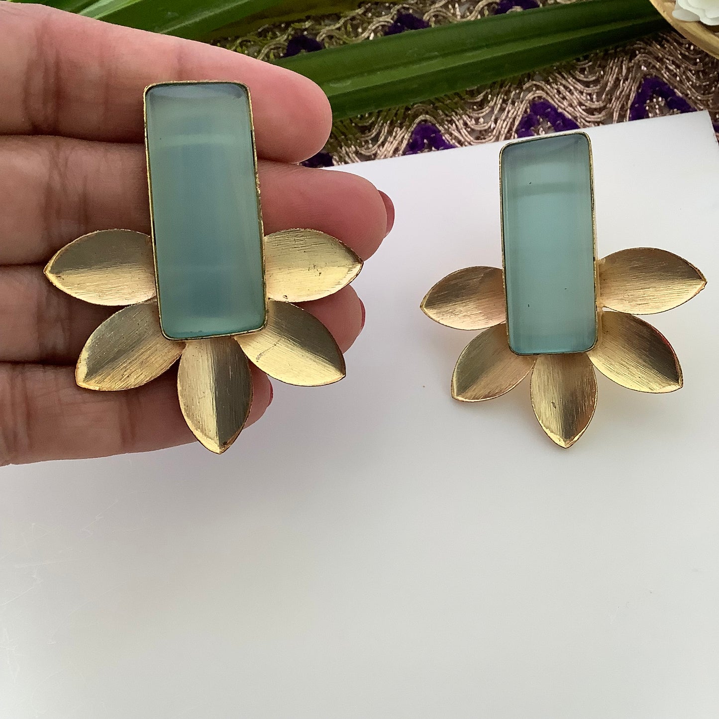 Salvanity Brass Gold 18 CT plated Earrings - वृक्ष (The Tree) Aqua Blue