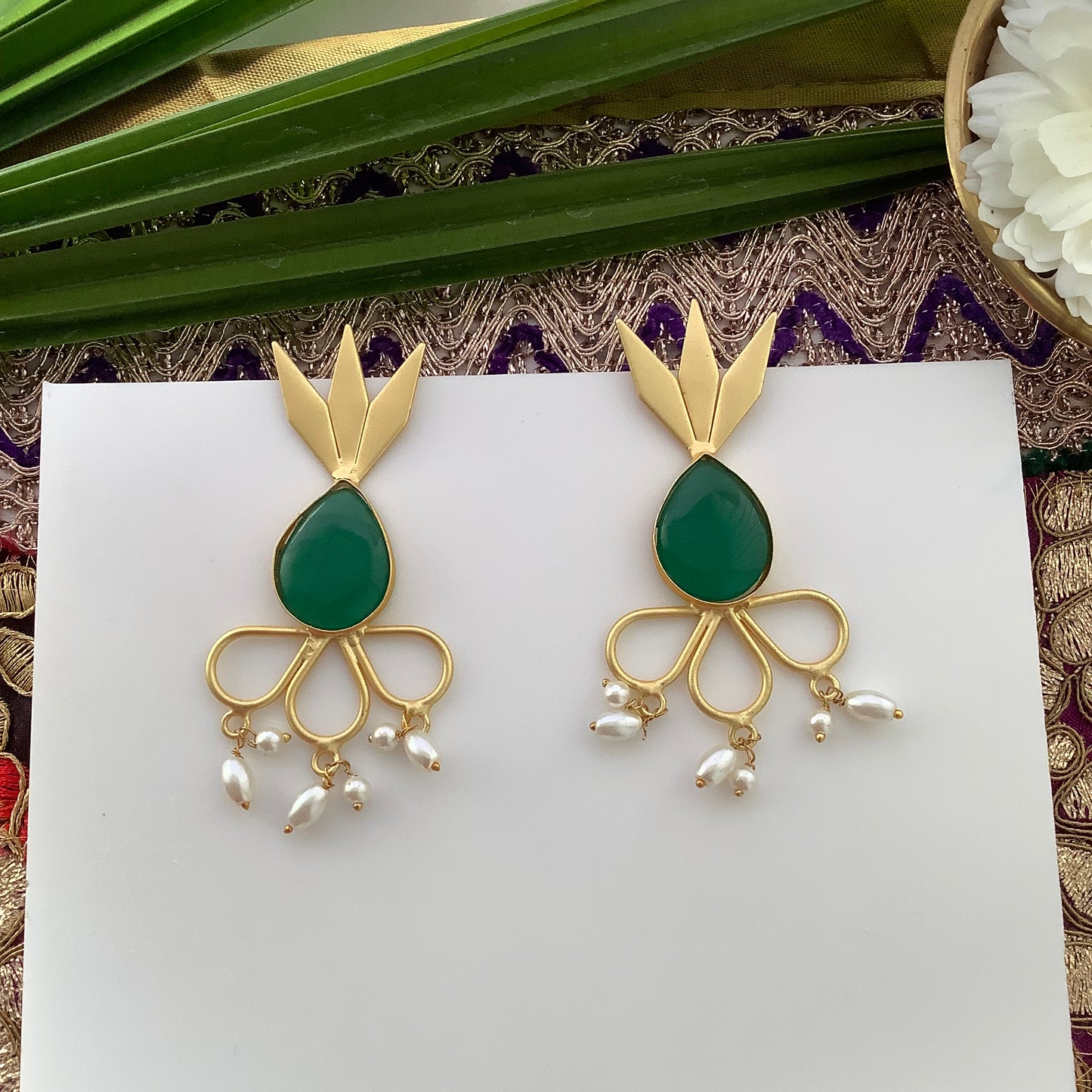 Salvanity Brass Gold 18 CT plated Earrings - Pineapple Green