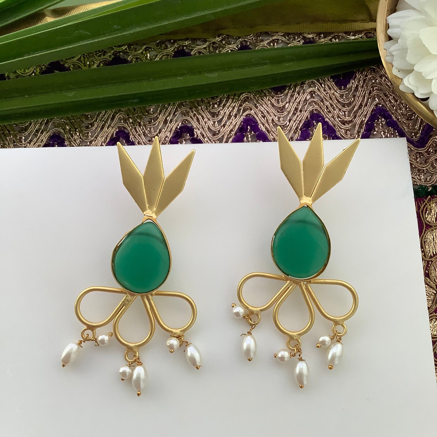 Salvanity Brass Gold 18 CT plated Earrings - Pineapple Green