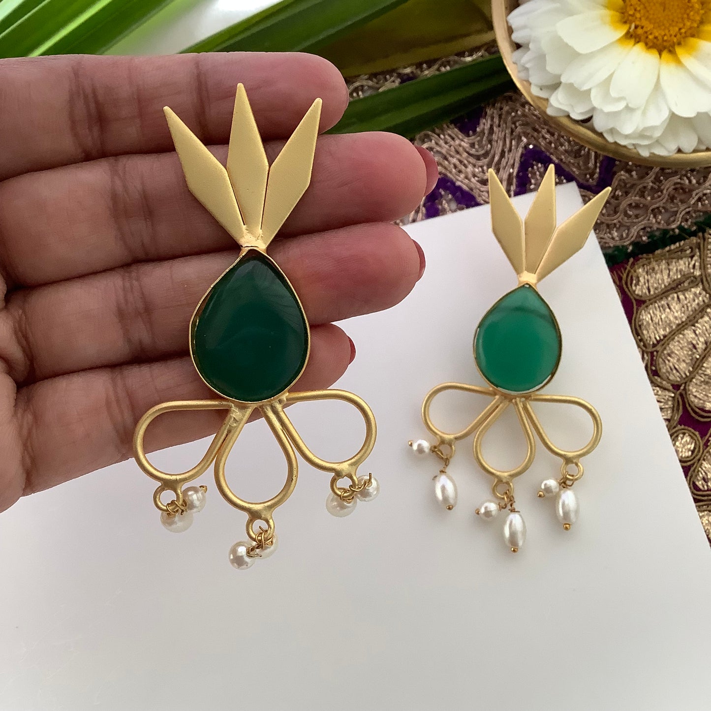 Salvanity Brass Gold 18 CT plated Earrings - Pineapple Green