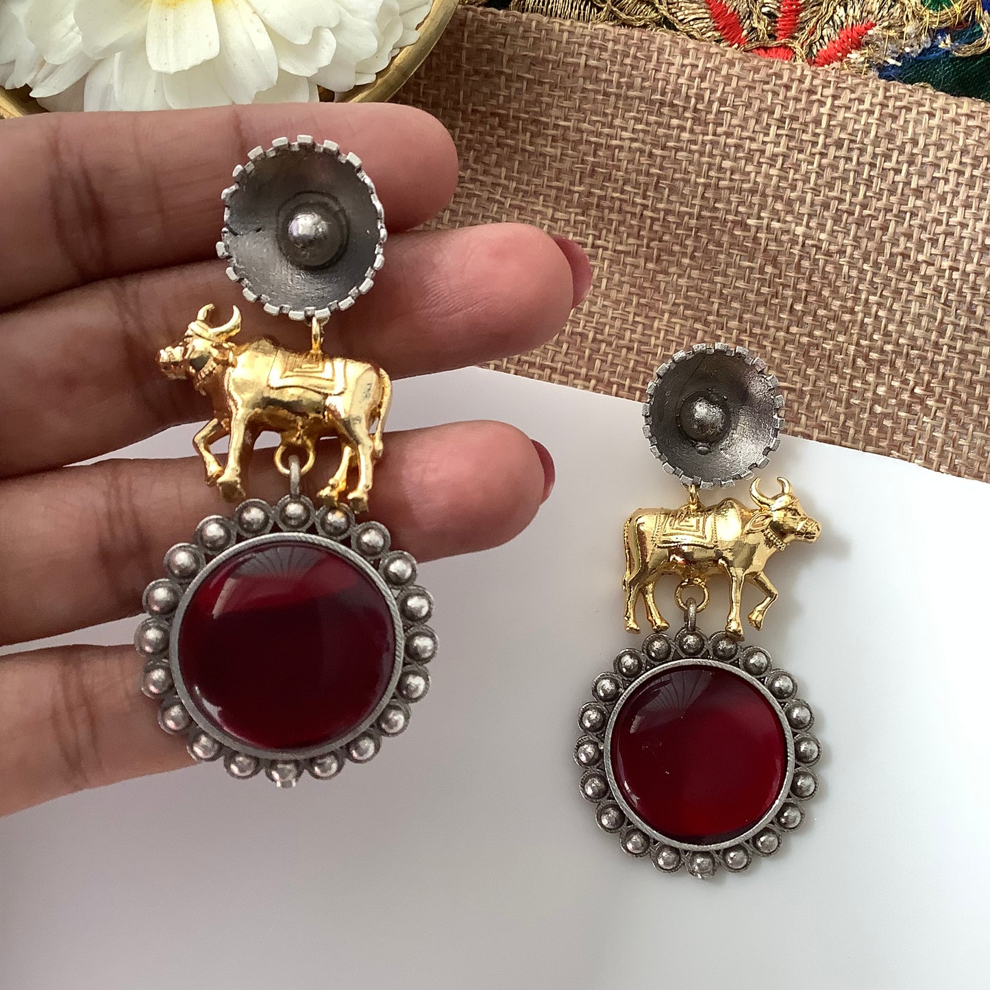 Salvanity Fashion Jewellery Dual Tone German Silver Earrings Gavaksh - Red