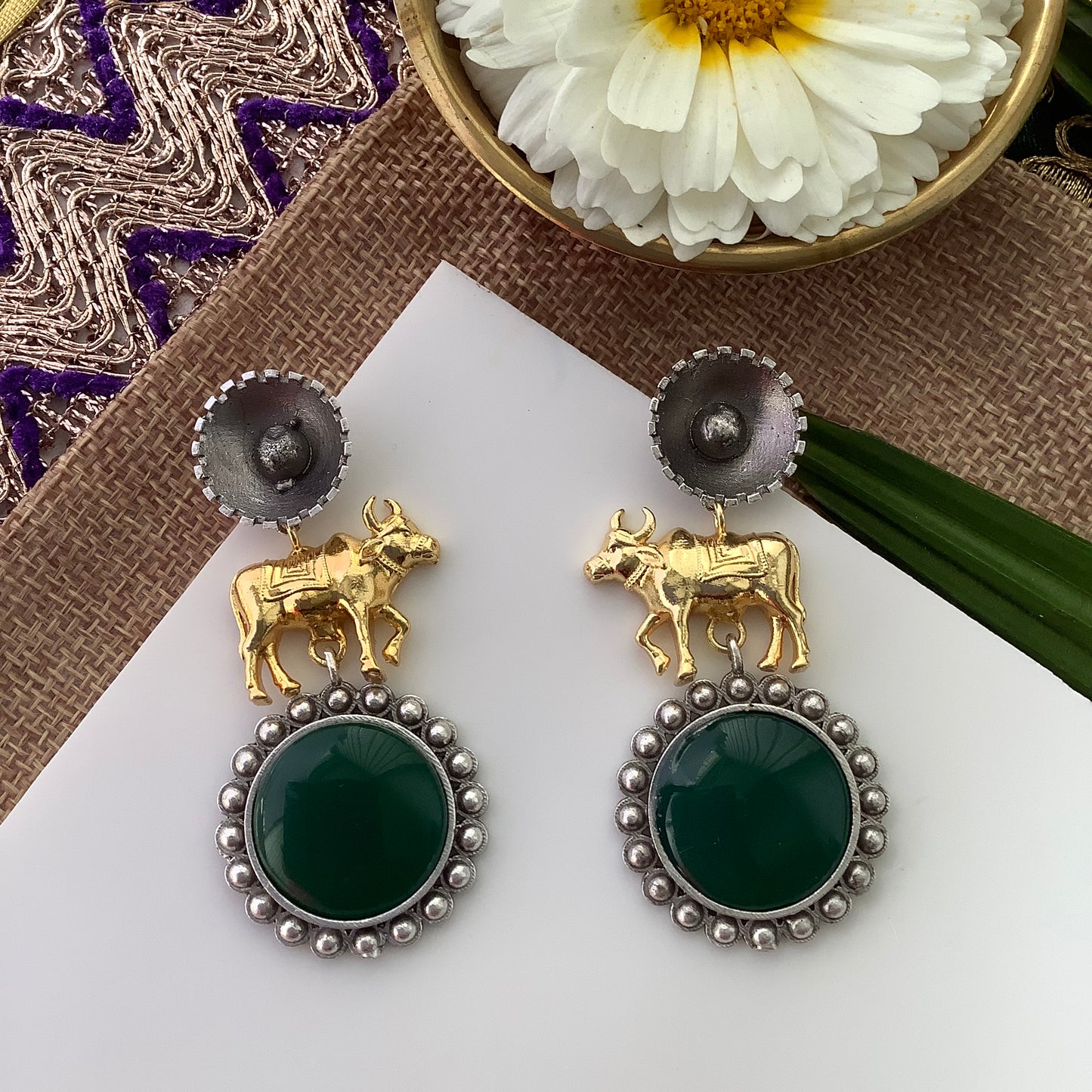 Salvanity Fashion Jewellery Dual Tone German Silver Earrings Gavaksh - Green